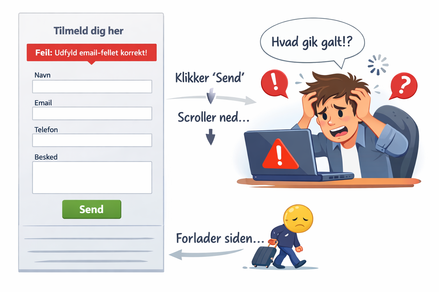 illustration: formular med fejlbed i toppen, mand der tager sig frustreret til hovedet og spørger 'hvad gik galt?', mand forlader formularen og ser nedtrykt ud.